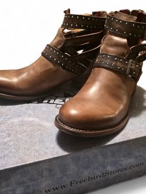 Freebird by Steven BELGIUM Tan Brown Leather Studded Cutout Booties